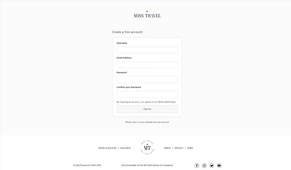 MissTravel Create Your Account